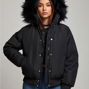 A&F Ultra Black Puffer Hooded Jacket Fur Trim Women Size S Y2K Full Zip